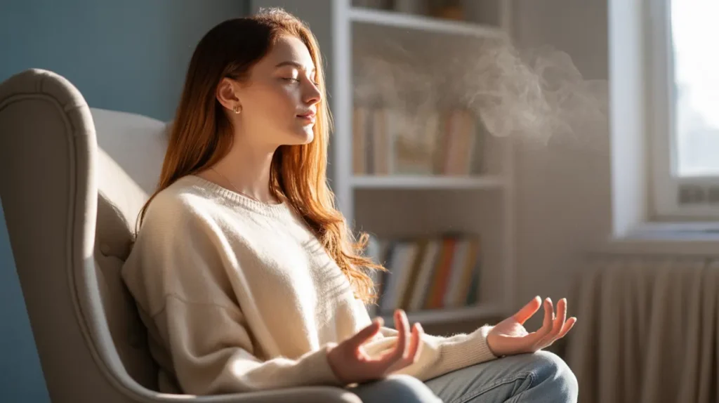 Pessoa sentada em silêncio, respirando calmamente sob luz suave, representando ritmo e continuidade interior.