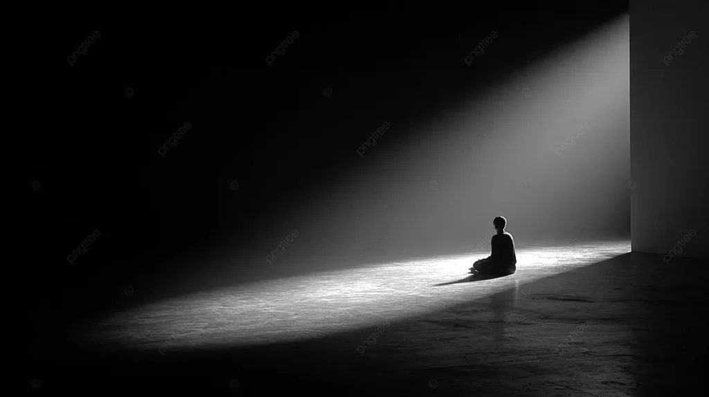 Pessoa em silêncio, postura tranquila sob luz suave, representando confiança e estabilidade interior.