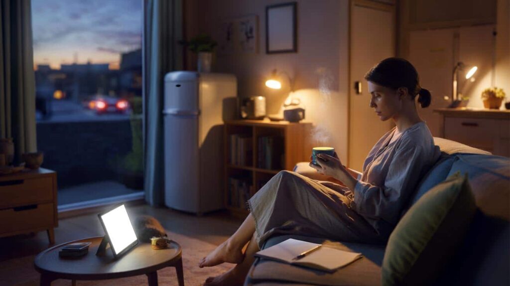 Pessoa sentada em silêncio, mãos relaxadas sob luz suave, representando continuidade e não interferência.