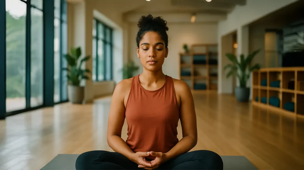 Pessoa sentada em silêncio, postura relaxada sob luz suave, representando confiança e entrega interior.