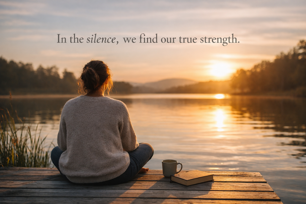 Pessoa sentada em silêncio, corpo relaxado sob luz suave, representando permanência tranquila e quietude interior.