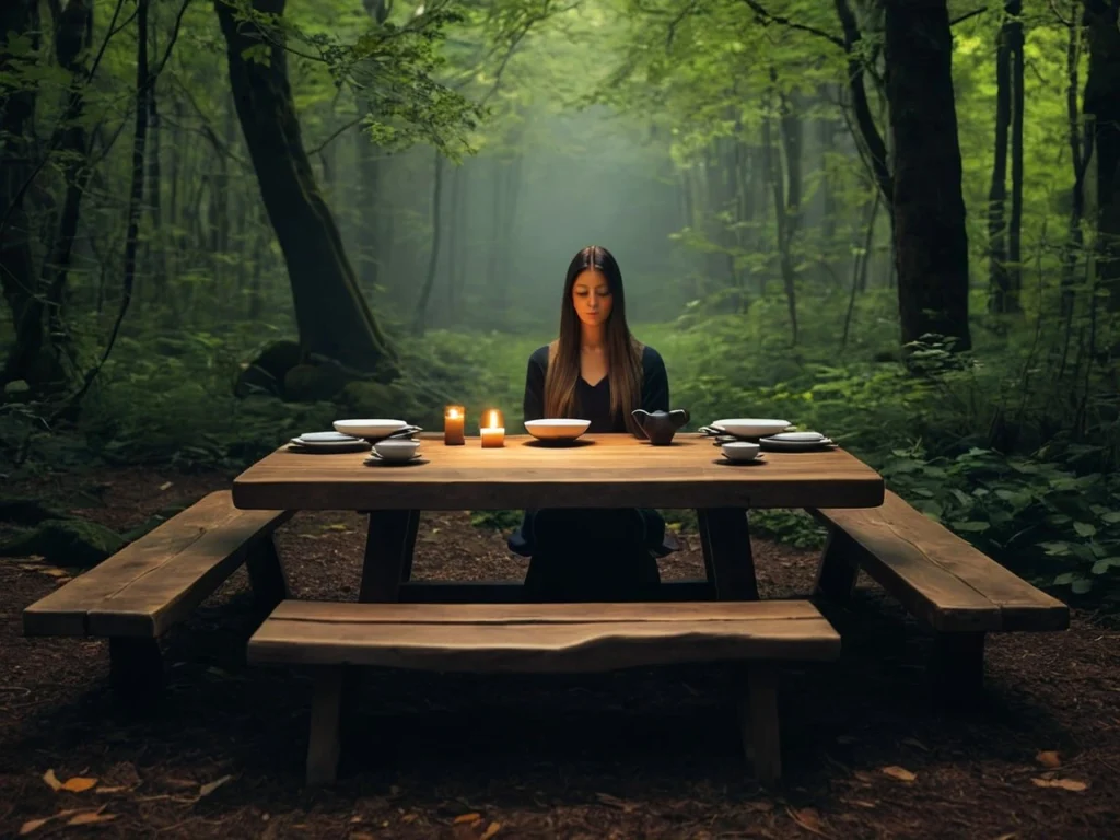 Pessoa sentada em silêncio, expressão serena sob luz suave, representando tempo aberto e ausência de pressa.