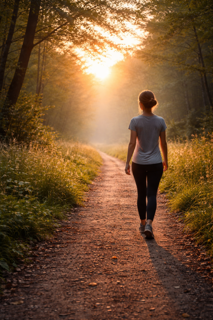 Mulher caminhando sozinha por uma trilha na floresta iluminada pelo sol, simbolizando continuidade e avanço interior.