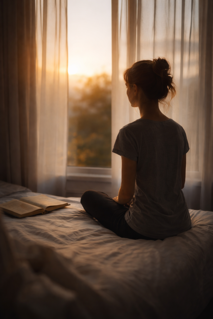 Mulher sentada na cama, observando o amanhecer pela janela, em um momento de silêncio e introspecção.