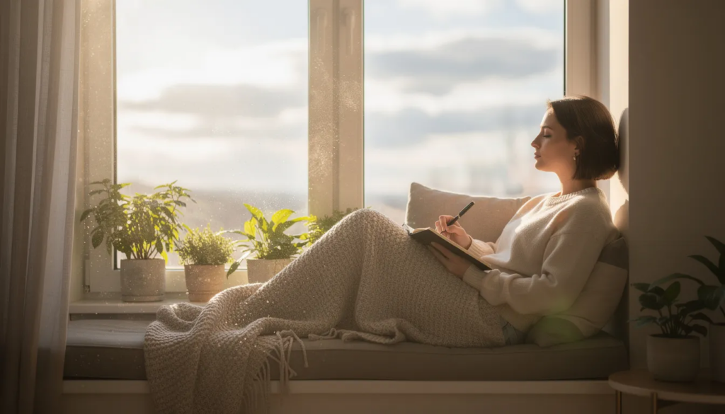 Pessoa sentada em silêncio, olhando para fora pela janela, em um momento de pausa e recolhimento interior.