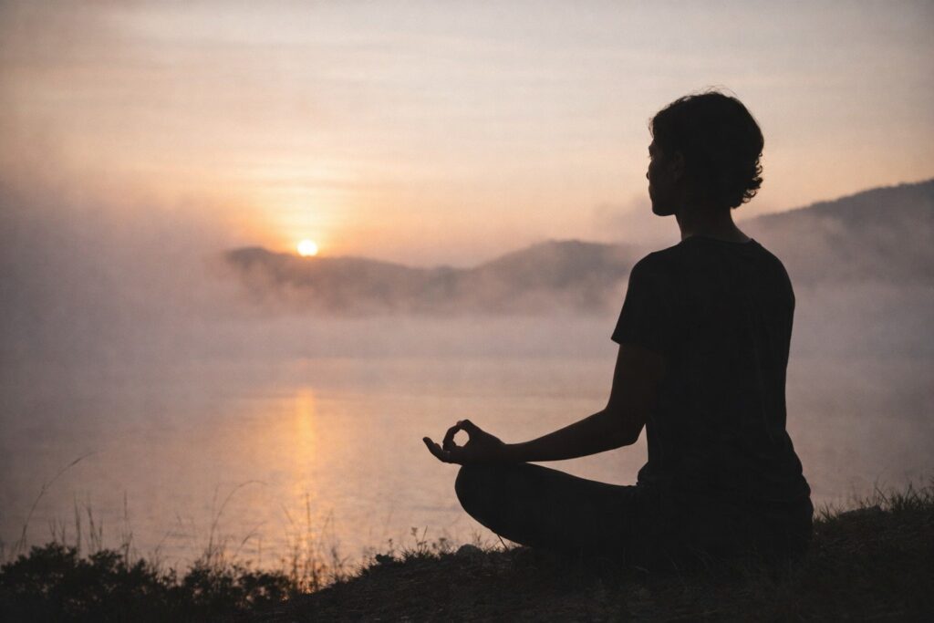 Pessoa em silêncio contemplativo ao amanhecer, simbolizando pausa mental e início do silêncio interior

